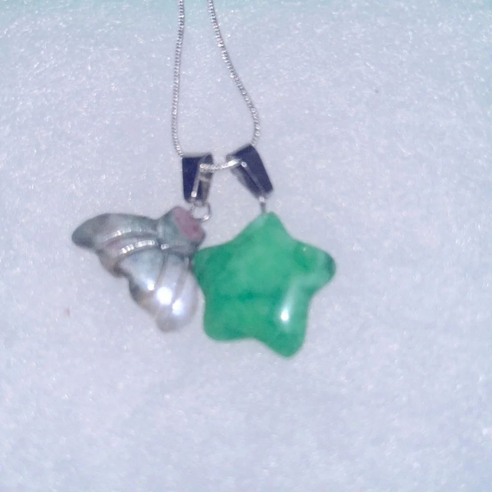 Boho hippie Jade Mermaid tail and Jade Star Sterling Silver Necklace 16”